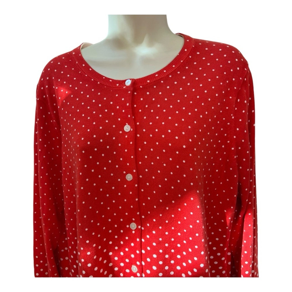 Lands’ End Orange Red Polka Dot Cardigan Sweater 100% Cotton Women’s Large